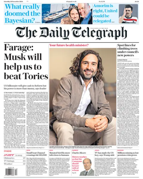 Daily Telegraph headline reads "Farage: Musk will help us to beat Tories"