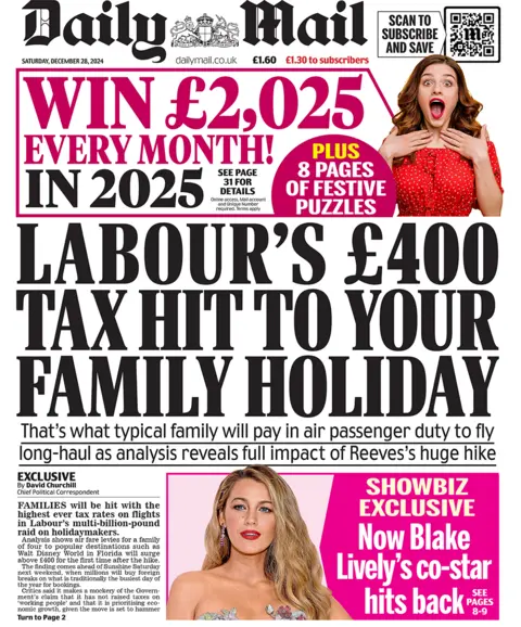 Daily Mail headline reads: "Labour's £400 tax hit to your family holiday" 