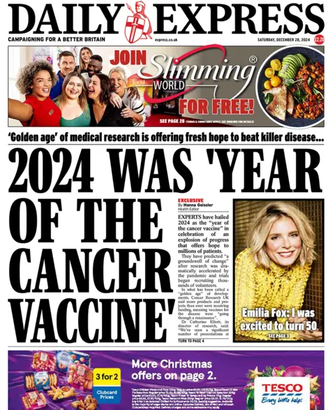 Daily Express headline reads: "2024 was 'year of the cancer vaccine'"