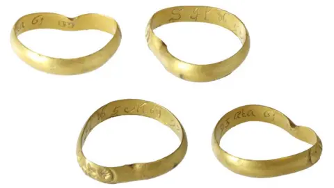 Andrew Williams/Norfolk County Council Four views of 17th Century mourning ring showing the inscription etched within. The words are SH ob 5 May 93 aeta 61, which has been interpreted to mean  SH died 5th May 1693 aged 61