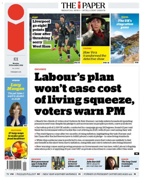 "Labour's plan won't ease cost of living squeeze, voters warn PM" headlines the i