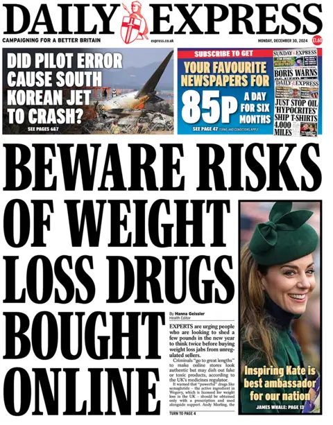 "Beware risks of weight loss drugs bought online" headlines the Daily Express