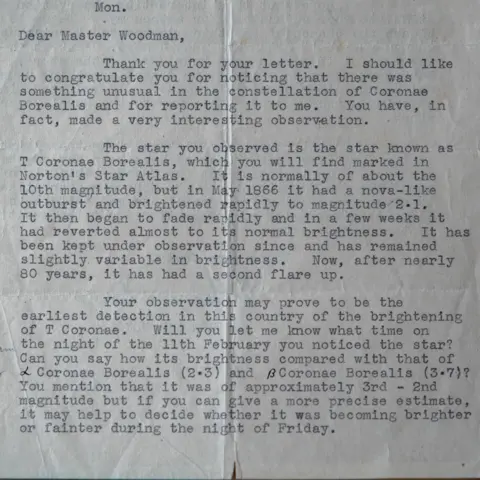 BBC/Tony Jolliffe Letter from Astronomer Royal to Michael Woodman written in 1946 confirming Mr Woodman was the first person in the UK to have spotted T Cor Bor 