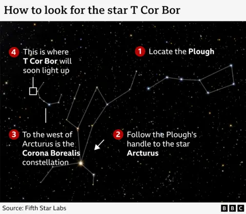 Graphic showing how to find T Cor Bor in the night sky