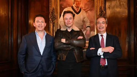 Stuart Mitchell Nick Candy and Nigel Farage, from Reform UK, stand with billionaire Elon Musk in front of a portrait of Donald Trump