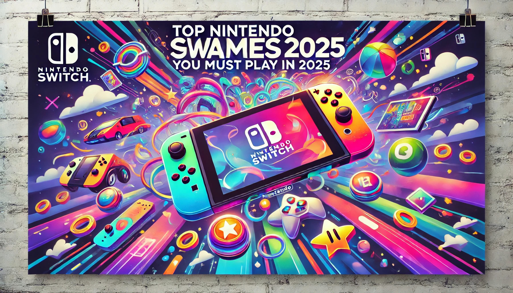 Vibrant banner for 'Top Nintendo Switch Games 2025', featuring a handheld gaming console, colorful controllers, coins, stars, and glowing geometric shapes on a dynamic background