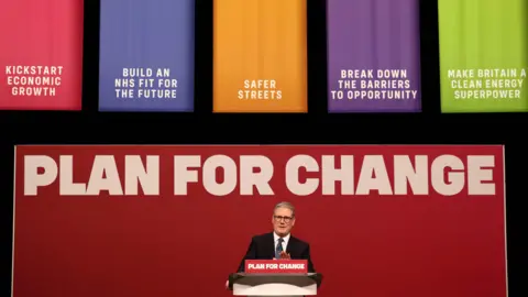 PA Media Prime Minister Sir Keir Starmer stands behind a lectern and in front of a red backdrop, both of which read 'plan for change' in white lettering. At the top of frame are five colourful banners, which read (l-r): kickstart economic growth, build an NHS fit for the future, safer streets, break down the barriers to opportunity, make Britain a clean energy superpower.