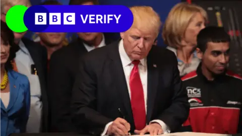 Getty Images Trump is a dark suit and red tie signs a document