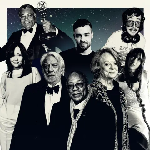 BBC Collage - clockwise James Earl Jones, Liam Payne, Steve Wright, Shannen Doherty, Donald Sutherland, Quincy Jones, Dame Maggie Smith, Shelley Duvall