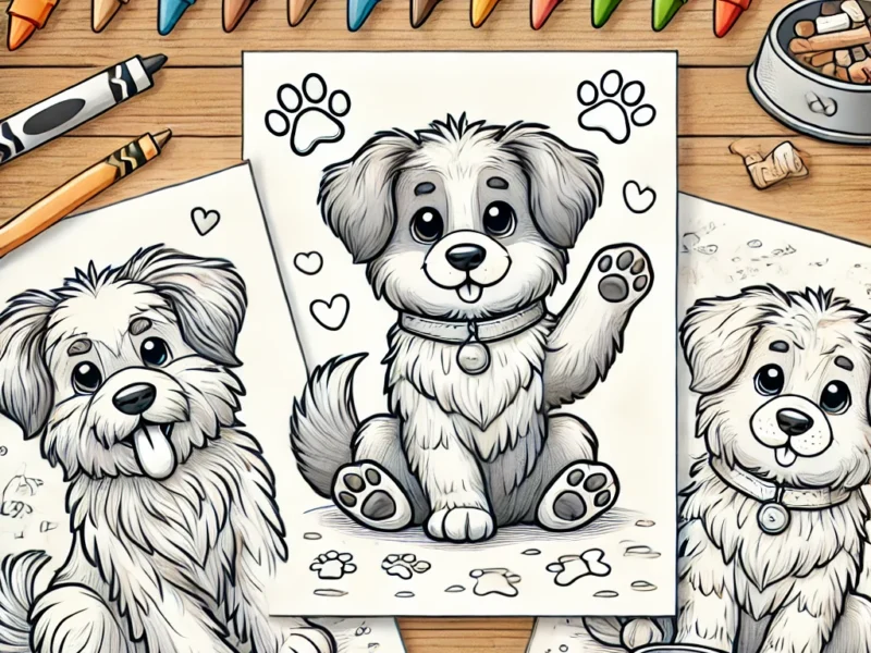 Three dog coloring pages featuring different playful dog illustrations surrounded by crayons, a dog collar, and paw prints, ideal for children's coloring activities