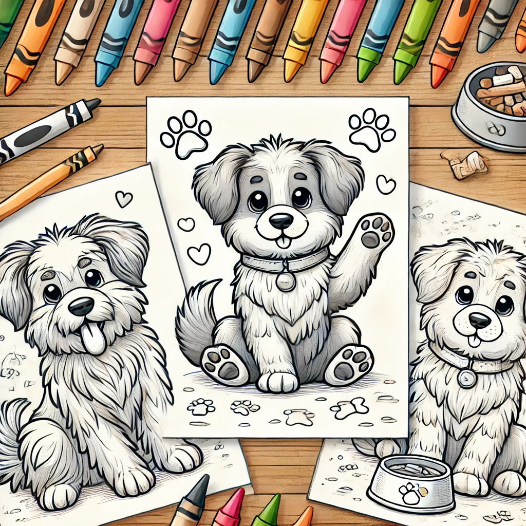 Three dog coloring pages featuring different playful dog illustrations surrounded by crayons, a dog collar, and paw prints, ideal for children's coloring activities