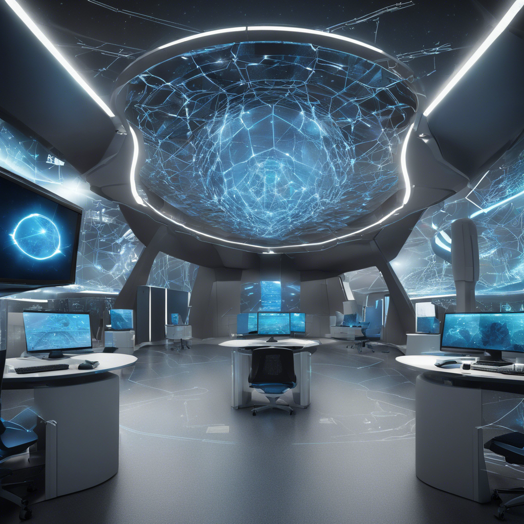 A high-tech futuristic command center with advanced computer systems and a holographic interface on the ceiling, showcasing a digital network design