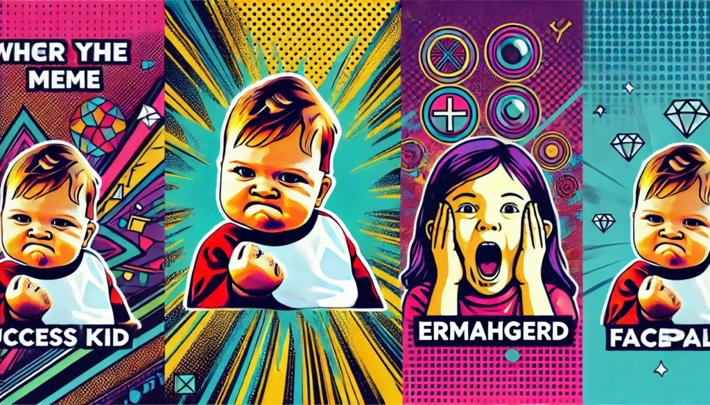 A colorful banner featuring iconic internet meme faces, including a determined toddler representing "Success Kid," an enthusiastic girl from the "ERMAHGERD" meme, and a classic facepalm gesture