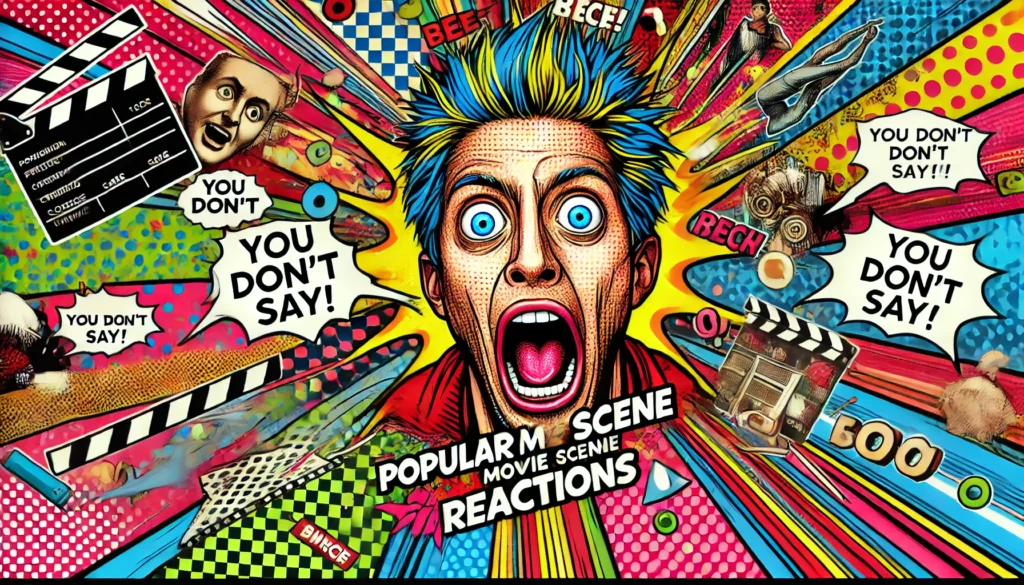 A colorful banner inspired by meme culture featuring an exaggerated wild-eyed facial expression in a comic book style, with cinematic elements like film reels and clapperboards, titled "Popular Movie Scene Reactions.