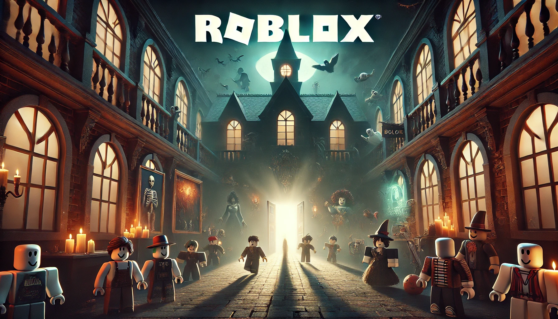 Banner featuring a dark and eerie atmosphere with a haunted mansion, ghostly figures, and Roblox avatars in spooky outfits for an article on Roblox horror games.