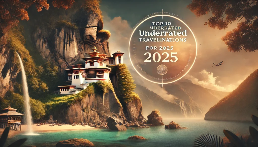 A visually captivating banner showcasing a tropical beach in the Albanian Riviera, the Tiger’s Nest Monastery in Bhutan, and the dramatic cliffs of the Faroe Islands with a cascading waterfall, titled 'Top 10 Underrated Travel Destinations for 2025