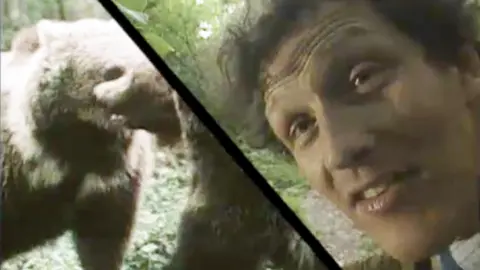 Presenter Monty Don and on a split screen with a brown bear