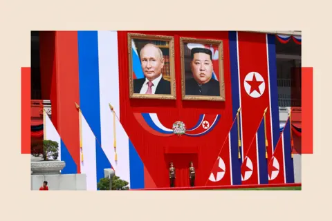 Getty Images Two guards stand underneath portraits of North Korea's leader Kim Jong Un and and Russian President Vladimir Putin during a welcome ceremony at Kim Il Sung Square