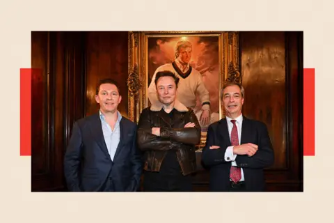 Reform UK/PA Nigel Farage and Party treasurer Nick Candy during their meeting with Elon Musk. All 3 men are infront of a portrait of Trump