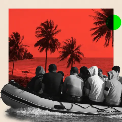 BBC Montage image showing a beach with trees in the background, coloured in red, with a black and white image of people on a small inflatable boat at the front