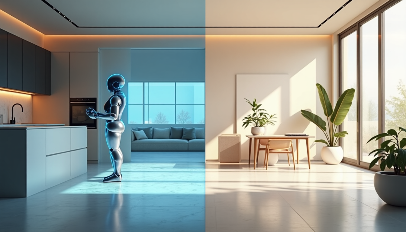 A futuristic kitchen and living room interior with a sleek, humanoid robot standing in the kitchen area