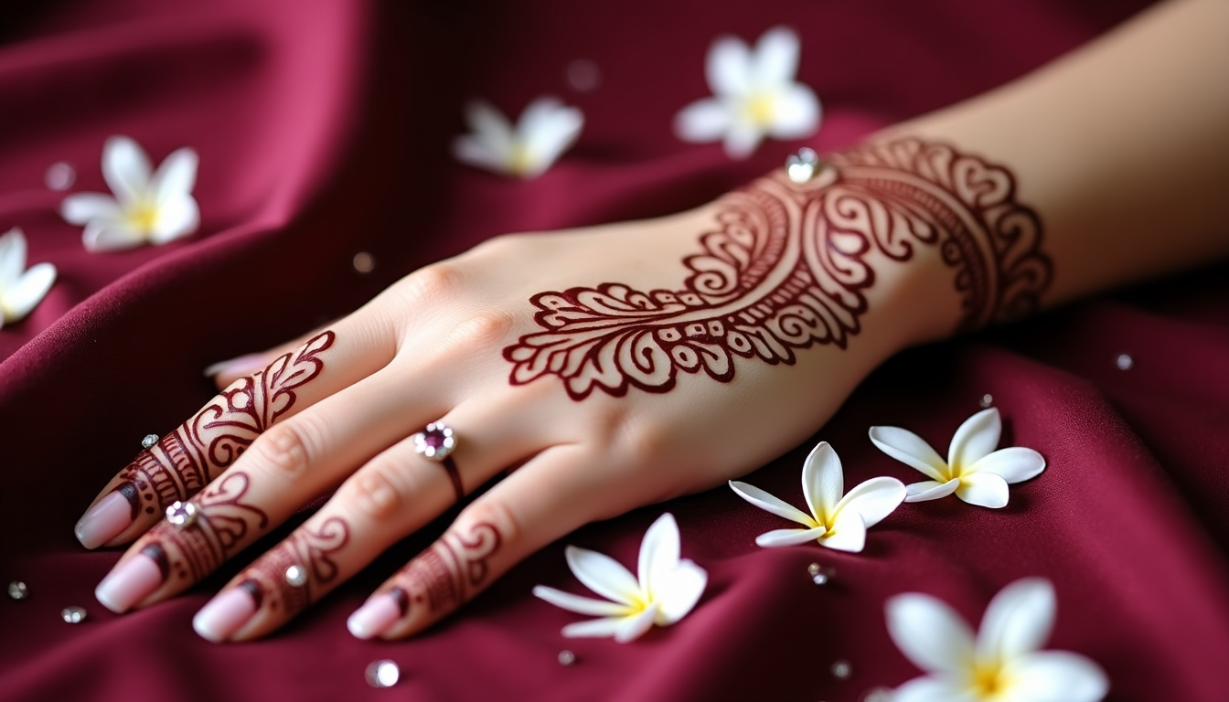 A hand with an intricate Arabic mehndi design