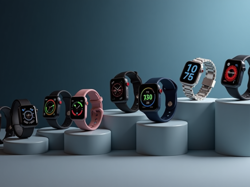 A collection of fitness watches with different colors and styles displayed on a table