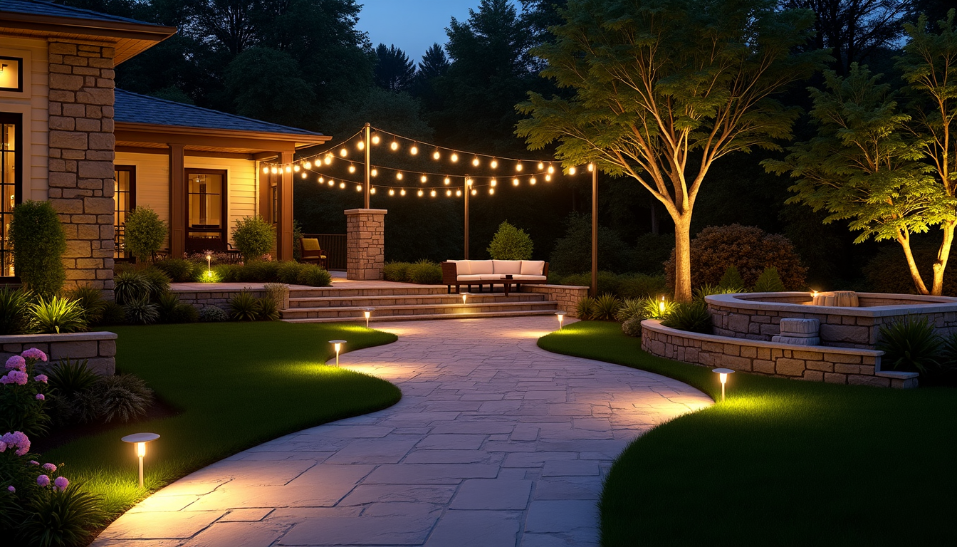 A beautifully lit outdoor garden with powerful solar lights illuminating the pathway and surrounding greenery.