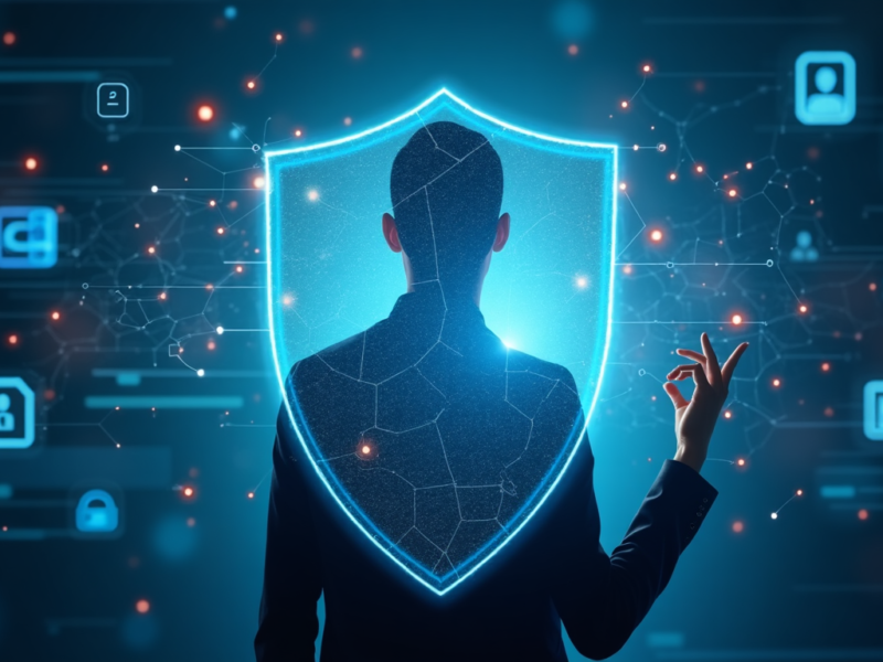 A silhouette of a person standing behind a glowing shield, with digital data and security icons surrounding them