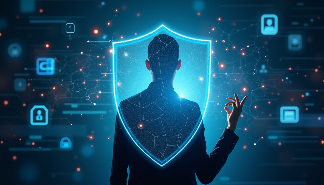 A silhouette of a person standing behind a glowing shield, with digital data and security icons surrounding them