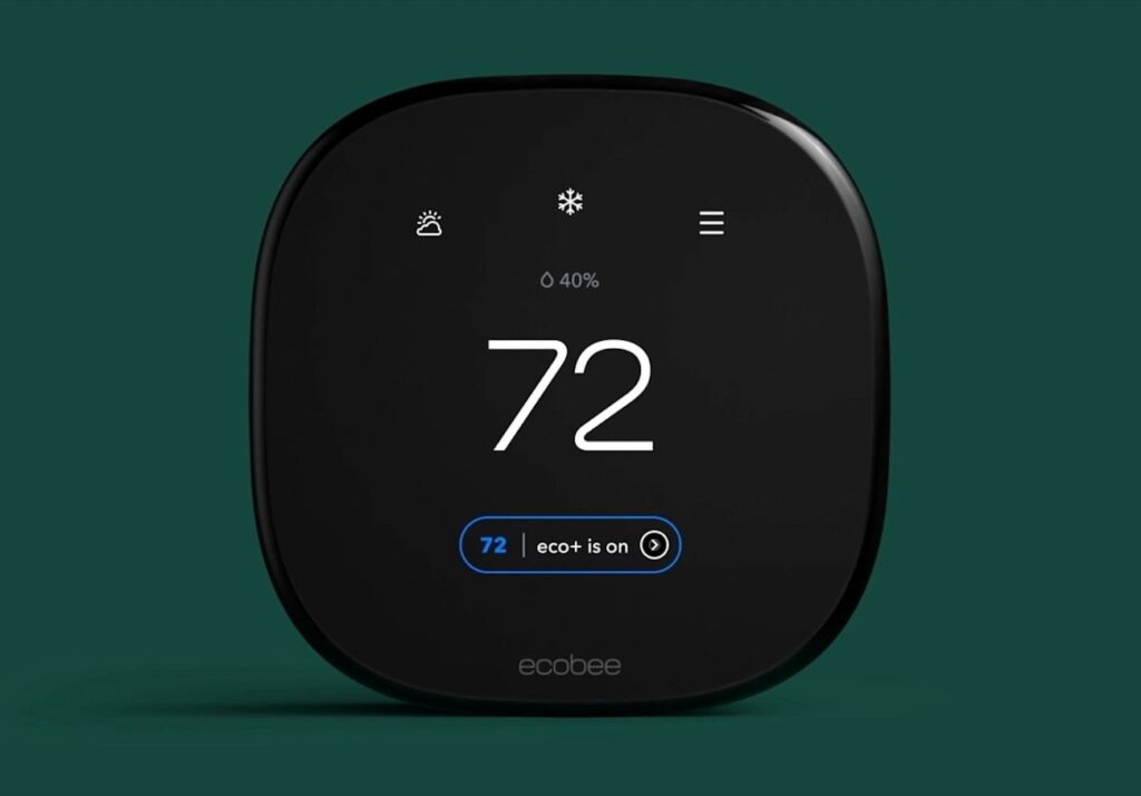 An Ecobee SmartThermostat Premium mounted on a wall, displaying temperature settings and smart home integration features.