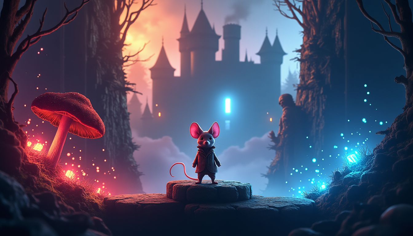 A whimsical illustration of a small mouse standing in a mystical forest, with a glowing castle in the distance