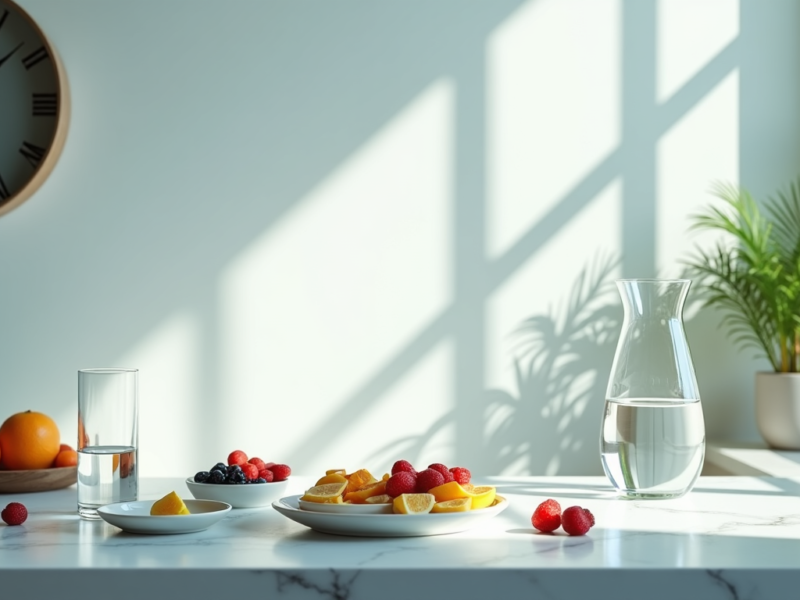 A bright kitchen scene with fresh fruits, a glass of water, and a clock on the wall, symbolizing intermittent fasting.