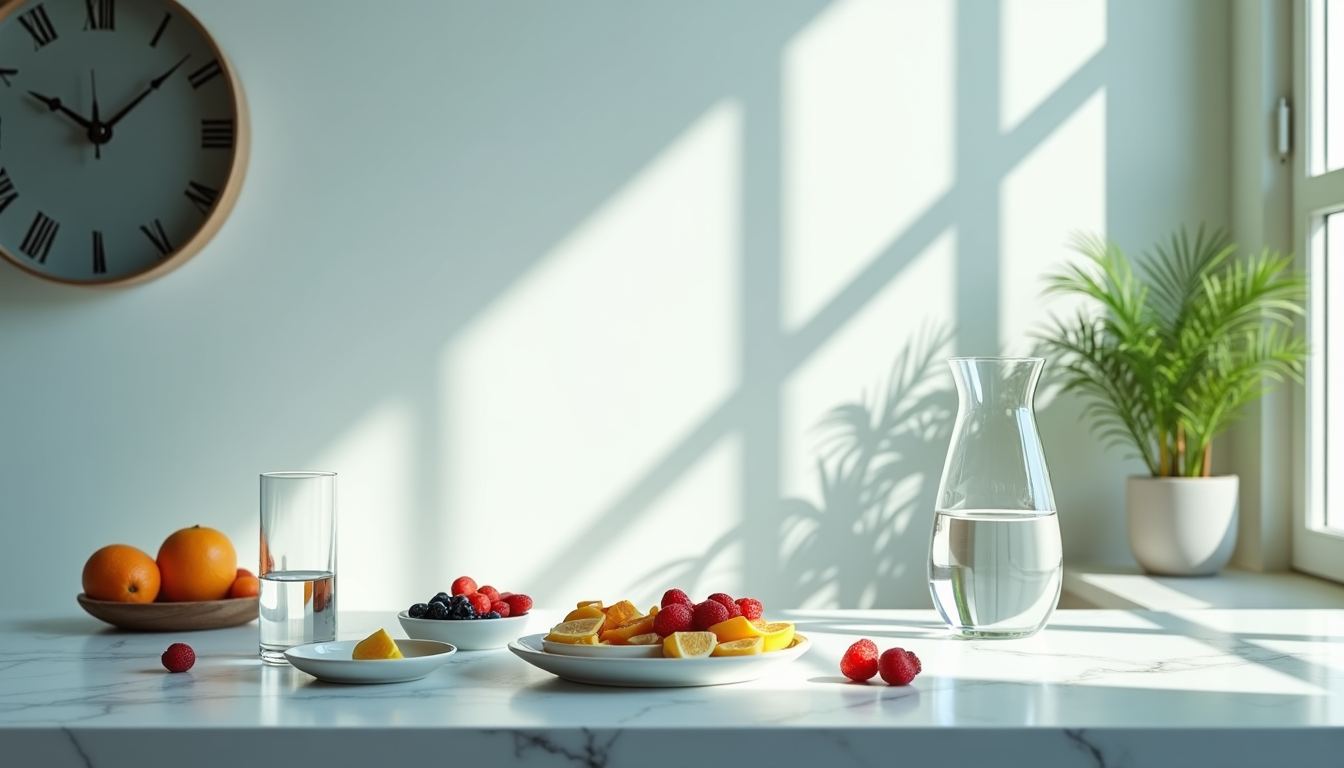 A bright kitchen scene with fresh fruits, a glass of water, and a clock on the wall, symbolizing intermittent fasting.