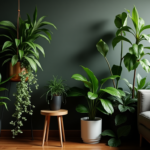 A cozy indoor space with various low-light houseplants, including peace lilies, dracaena, and pothos, thriving in dim lighting.