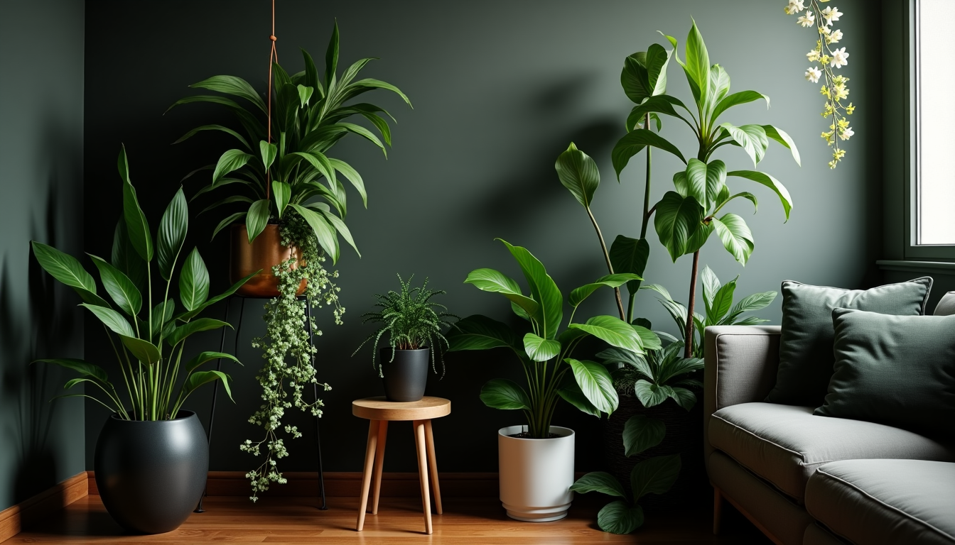 A cozy indoor space with various low-light houseplants, including peace lilies, dracaena, and pothos, thriving in dim lighting.