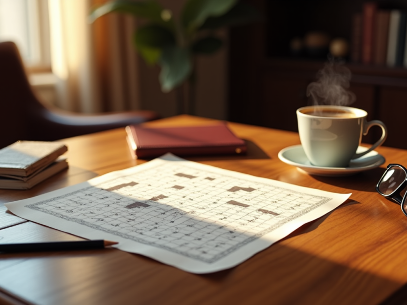 A cozy study scene with a partially completed crossword puzzle, a steaming cup of coffee, reading glasses, and a pencil on a wooden desk.