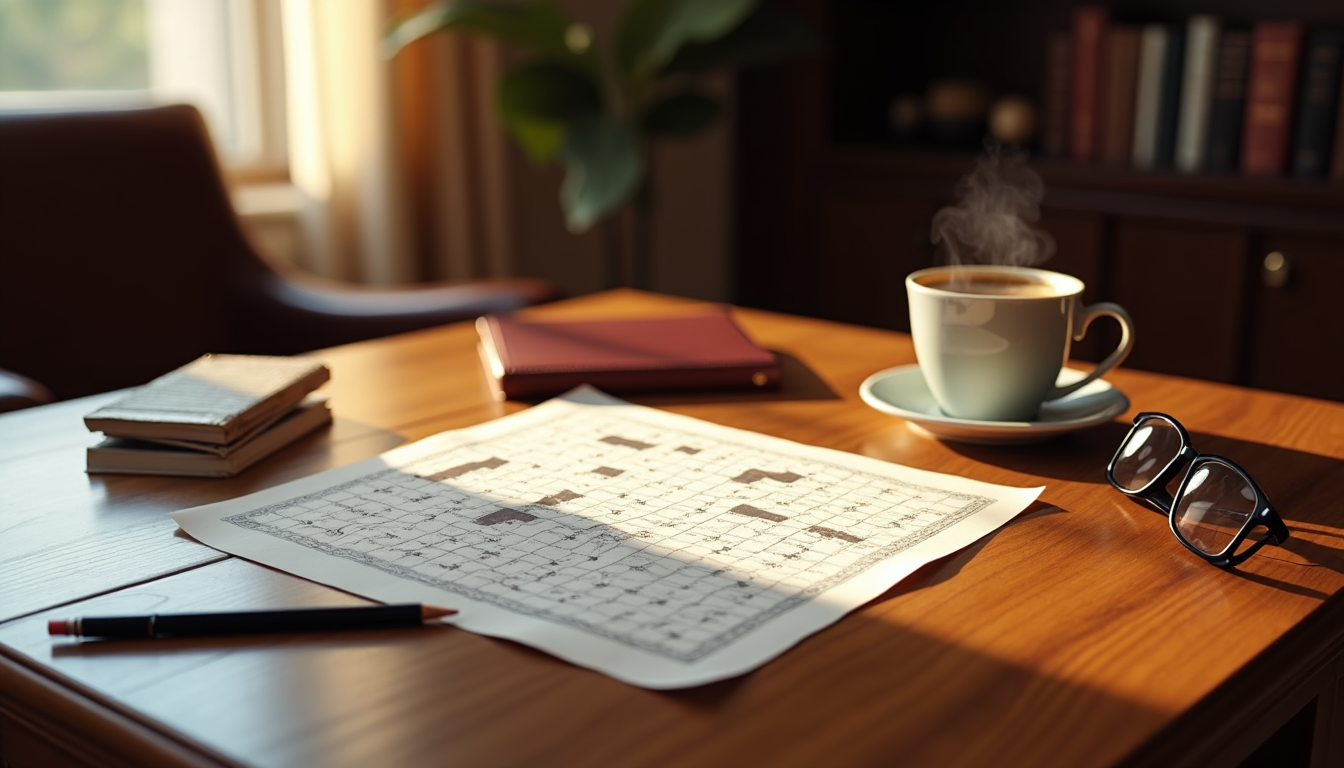 A cozy study scene with a partially completed crossword puzzle, a steaming cup of coffee, reading glasses, and a pencil on a wooden desk.