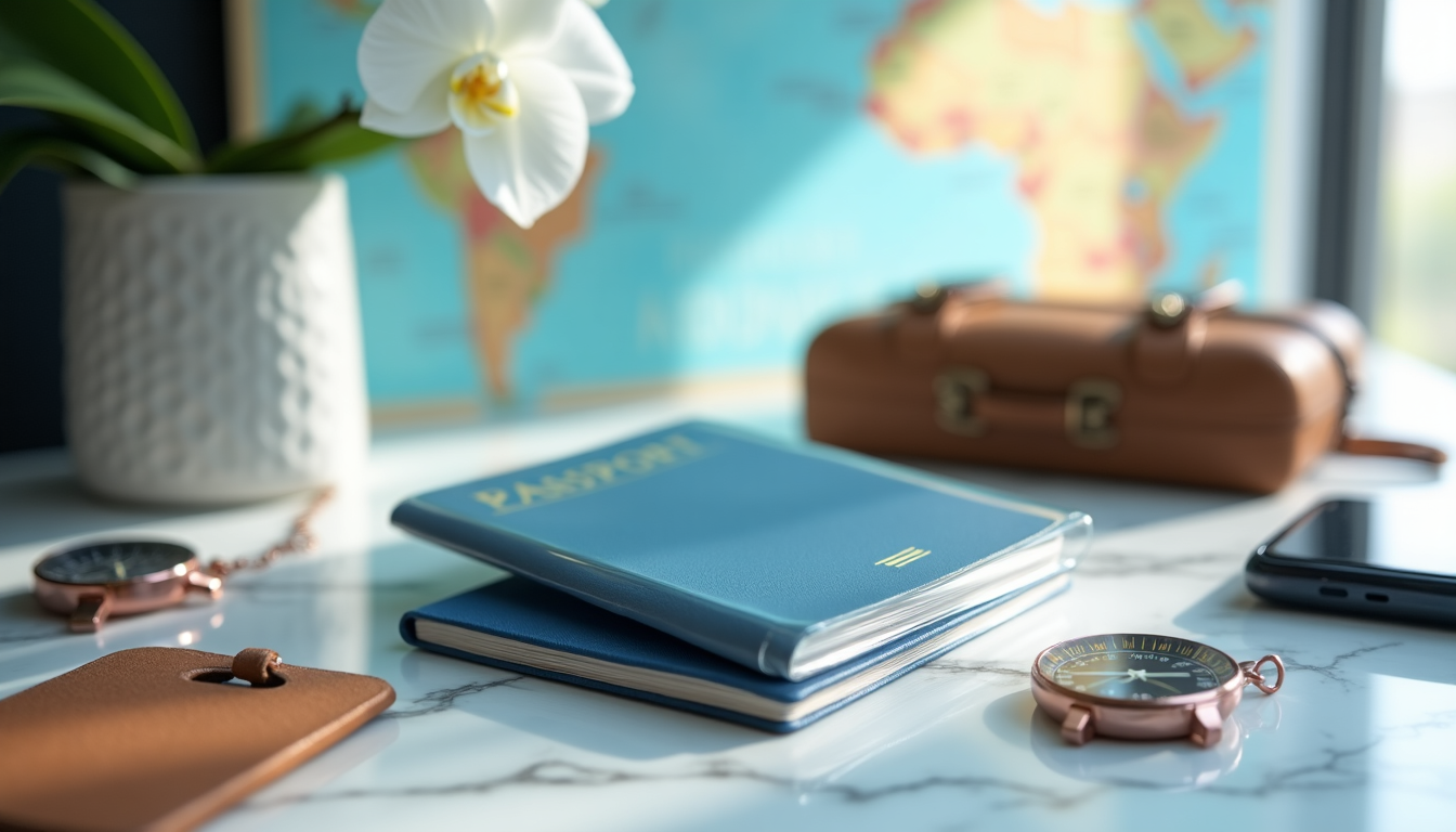 A passport, compass, and travel accessories on a table, symbolizing travel planning and the importance of international travel insurance.