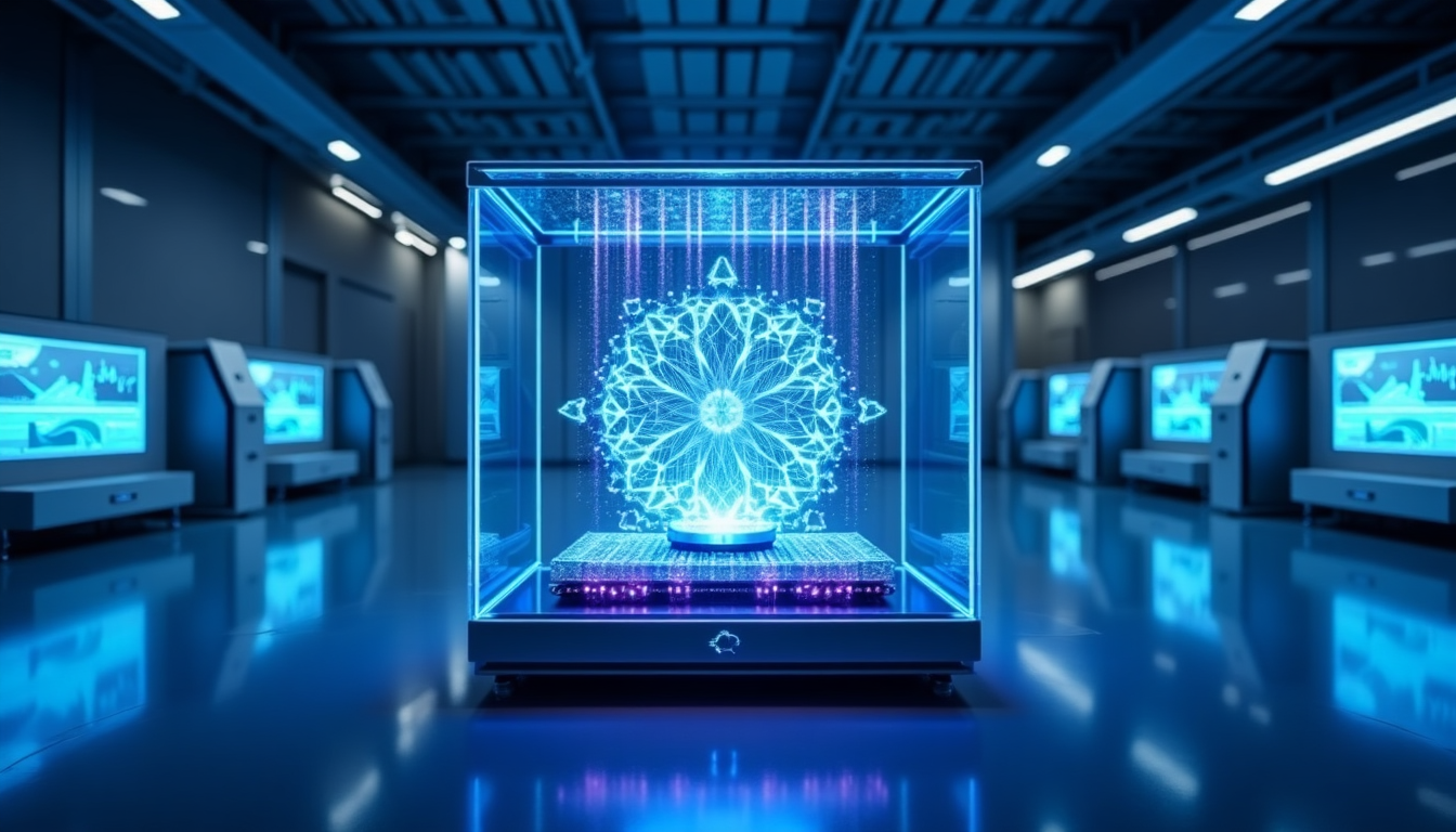 A futuristic quantum computer in a high-tech lab, featuring a glowing blue holographic interface.