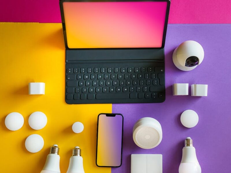 A modern tablet with a keyboard, a smartphone, smart light bulbs, security cameras, and other smart home devices arranged on a colorful background