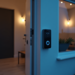 A smart video doorbell with a glowing blue ring installed at the entrance of a modern home with warm interior lighting