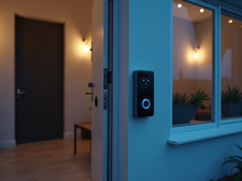 A smart video doorbell with a glowing blue ring installed at the entrance of a modern home with warm interior lighting