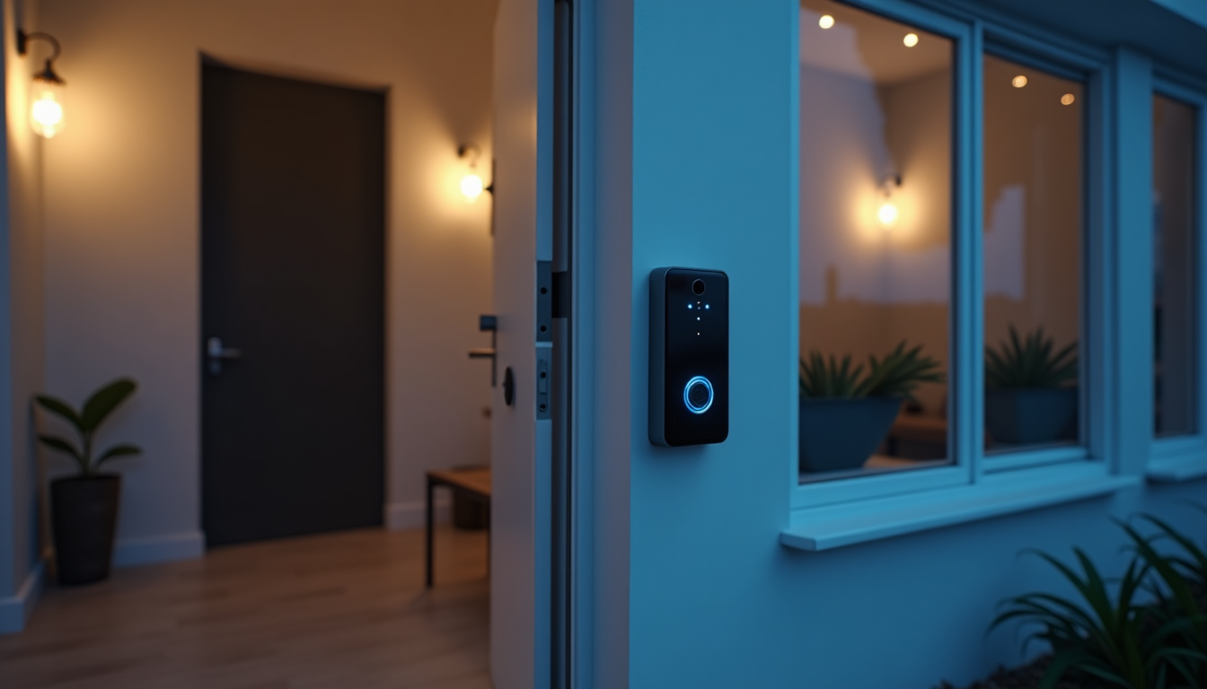 A smart video doorbell with a glowing blue ring installed at the entrance of a modern home with warm interior lighting