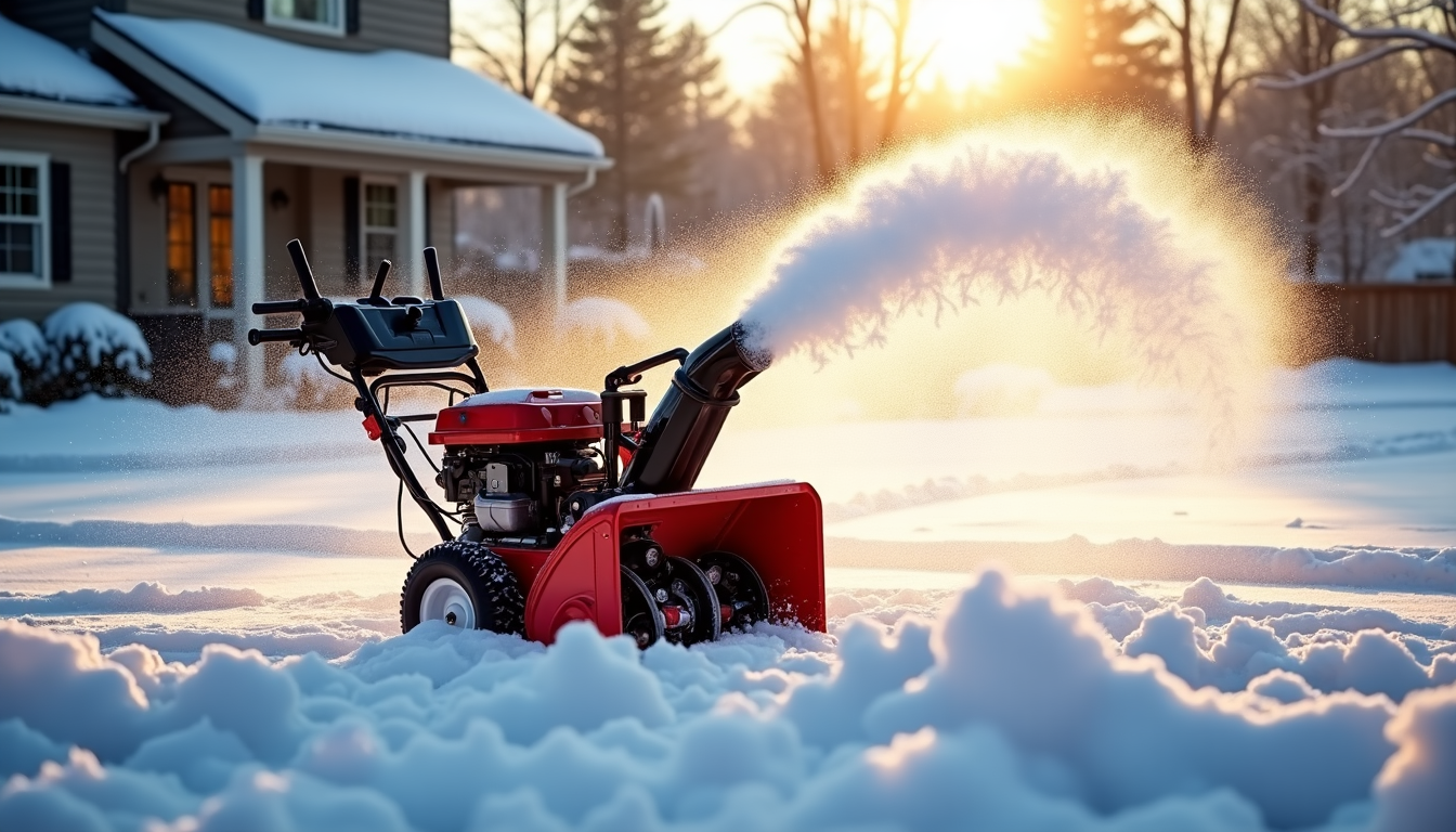 Powerful snow blower effortlessly removing deep snow from a residential driveway.