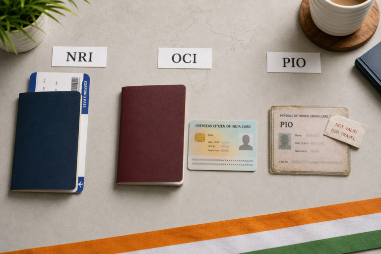 Three document sets compared for OCI vs PIO vs NRI status in India: passports and an old PIO card on a desk.