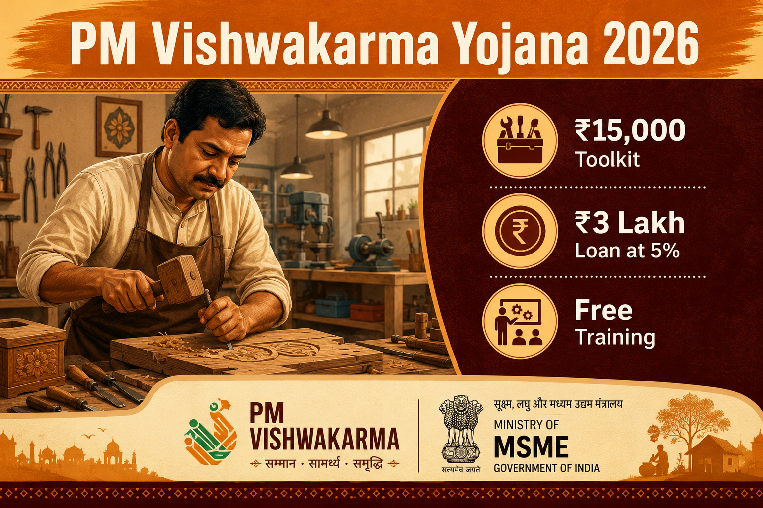 PM Vishwakarma Yojana 2026 CSC registration for artisans with ₹3 lakh loan at 5% interest and ₹15000 toolkit benefit PM Vishwakarma Yojana 2026 CSC registration for artisans with ₹3 lakh loan at 5% interest and ₹15000 toolkit benefit